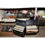 SIX BOXES AND LOOSE CRESTED CHINA, GLASSWARE, CASED LP'S, CD'S, CASSETTES, MIRROR, NEEDLEWORK