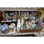 FOUR BOXES AND QUANITY OF LOOSE, FIGURAL ORNAMENTS, MOTTO WARE, BISCUIT BARRELS AND OTHER