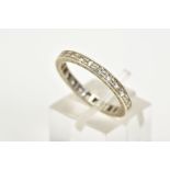A WHITE METAL GEM SET FULL ETERNITY RING, designed with claw set circular cut colourless stones,