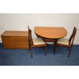 A 1970'S OVAL TEAK GATE LEG TABLE, two chairs together with a teak blanket chest (4)