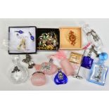 A SELECTION OF ITEMS, to include six various coloured scent bottles, some with white metal floral/