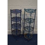 TWO VARIOUS CAST IRON FOUR TIER STANDS