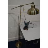 A TIFFANY STYLE BUTTERFLY TABLE LAMP together with a modern brassed standard lamp (2)