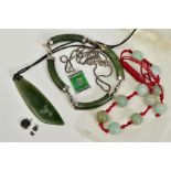 A SELECTION OF JADE AND NEPHRITE JEWELLERY, to include a beaded assessed as jade adjustable bracelet