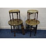 FOUR VARIOUS FOLDING BRASS TOPPED OCCASIONAL TABLES, and another folding table base (5)