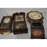 A DISTRESSED MAHOGANY DROP DIAL WALL CLOCK, together with two mahogany wall clocks (sd and