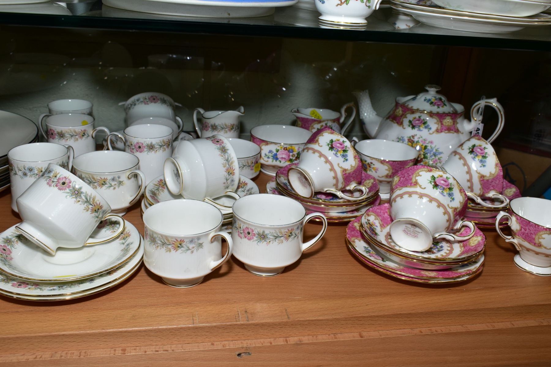 ROYAL ALBERT 'LADY CARLYLE' TEAWARES, comprising teapot, milk jug, sugar bowl, five teacups, six