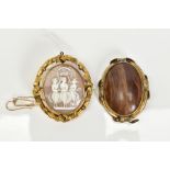TWO YELLOW METAL BROOCHES, to include a cameo swivel memorial brooch, the cameo depicting the