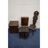 AN EARLY 20TH CENTURY OAK LOG BOX, together with an oak spinning chair, oak two door smoker