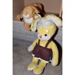 TWO MERRYTHOUGHT RABBIT SOFT TOYS, one is large yellow and white in colour with brown pinafore dress