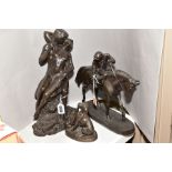 A DAVID GEENTY COLD CAST BRONZE SCULPTURE OF A JOCKEY RIDING A HORSE, HEIGHT 27CM, together with a