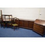 A STAG MINSTRAL BUREAU, width 76cm x depth 45cm x height 98cm, long sideboard with four drawers,