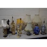 A QUANTITY OF ORIENTAL TABLE LAMPS, to include seven various resin figural lamps, four various