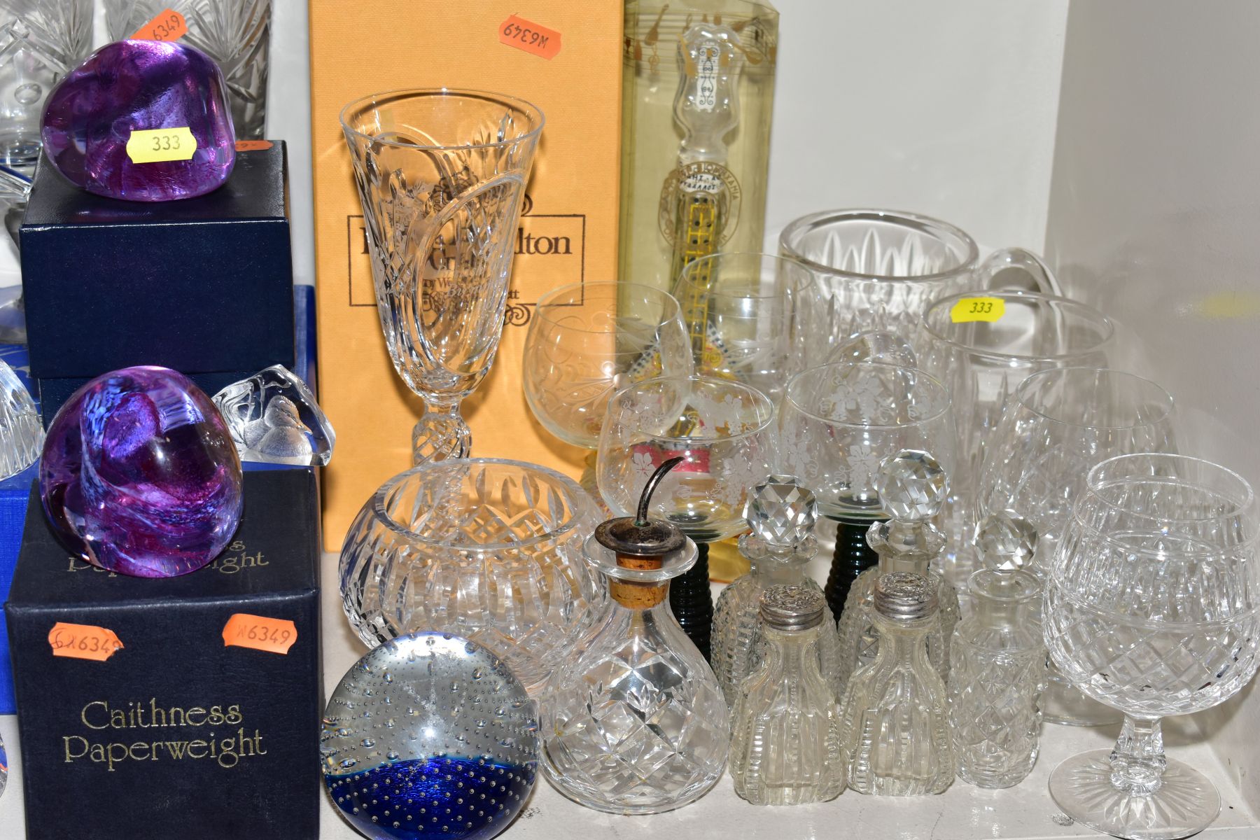A COLLECTION OF GLASSWARE, including Sturart Crystal, cut glass decanter, boxed Jobling glass ship - Image 3 of 9