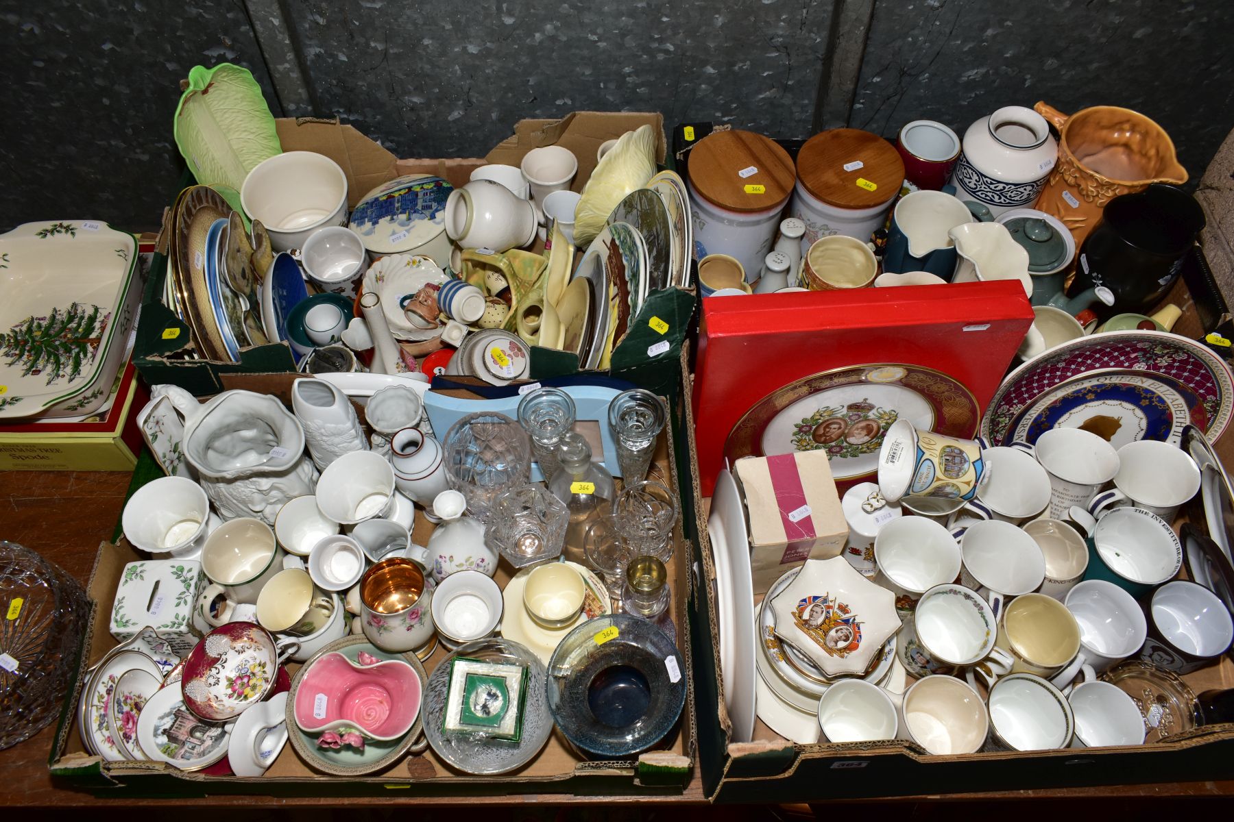 FOUR BOXES AND LOOSE CERAMICS AND GLASSWARE, including boxed Spode Christmas Tree serving dish, a