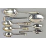 A SMALL PARCEL OF 18TH AND 19TH CENTURY SILVER FLATWARE, including a George IV, fiddle pattern