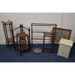 A QUANTITY OF OCCASIOAL FURNITURE, to include a bobbin turned towel rail, folding towel rail, pine