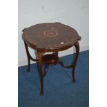 AN EDWARDIAN MAHOGANY AND FLORALLY INLAID CENTRE TABLE on cabriole legs with padded feet united by