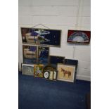 FOUR VARIOUS SIZED GILT FRAMED RECTANGULAR WALL MIRRORS, together with a framed Chinese fan, seven