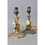 A PAIR OF GEORGE V SILVER MAPPIN AND WEBB TABLE LAMPS, of candlestick form, square tapering stem