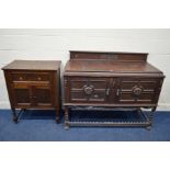 A DISTRESSED EARLY 20TH CENTURY OAK SIDEBOARD, with a raised back, double geometric panelled