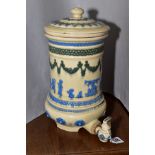 A LATE VICTORIAN DOULTON LAMBETH STONEWARE WATER FILTER, buff glaze with bands of blue and green