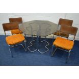 A MID 20TH CENTURY OCTAGONAL SMOKED GLASS TOPPED DINING TABLE on a chrome frame, diameter 109cm