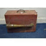 A VINTAGE FOG HORN, painted wooden box with brass horn and internal push bellow, width 56cm x