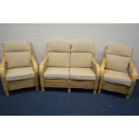 A MODERN WICKER AND BEECH THREE PIECE CONSERVATORY SUITE, with removable cream cushions,