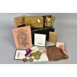 A BOX CONTAINING MEDALS, EPHEMERA, PAPERWORK etc to members of the same family, a WWI Memorial death