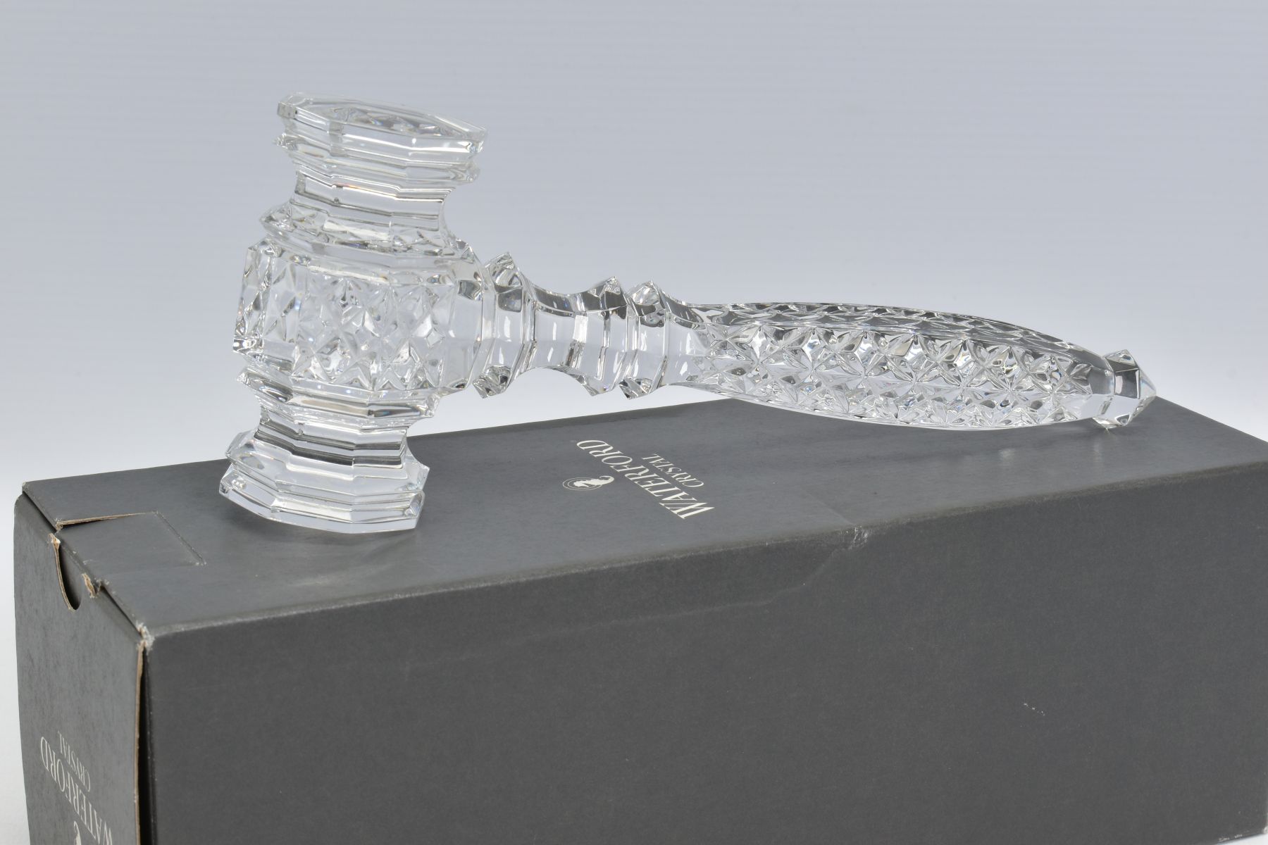 A BOXED WATERFORD CRYSTAL GAVEL, stamped to gavel head, length 20cm