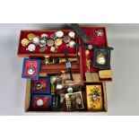 A WOODEN DISPLAY CASE WITH POCKET WATCHES AND OTHER ITEMS, to include a wooden display box with