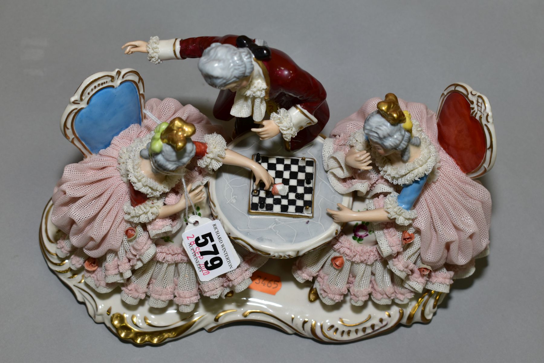 THREE MID 20TH CENTURY DRESDEN PORCELAIN LACE ENCRUSTED FIGURE GROUPS, comprising a chess scene, a - Bild 10 aus 11