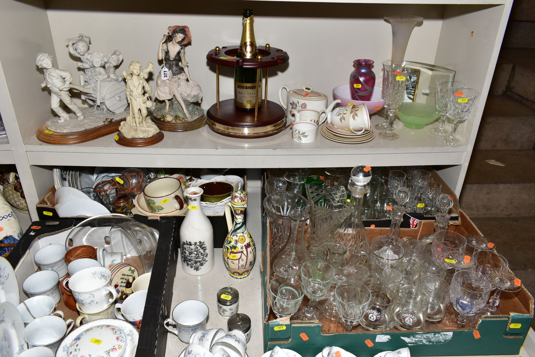 FOUR BOXES AND LOOSE CERAMICS, GLASSWARE, ETC, including Royal Standard Melody pattern coffee and