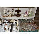 FOUR BOXES AND LOOSE CERAMICS, GLASSWARE, ETC, including Royal Standard Melody pattern coffee and