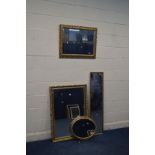 A MODERN GILT WOOD BEVELLED EDGE WALL MIRROR, 71cm x 101cm together with a heavily gilt framed