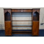 A GEORGIAN OAK DRESSER TOP, the twin uprights with an arched top above single cupboards flanking