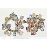 TWO SILVER CHARM BRACELETS, the first suspending seventeen enamelled shield charms, fitted to a