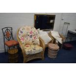 A COLLECTION OF OCCASIONAL ITEMS, to include a wicker conservatory chair, pair of wicker chairs,