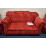 A GEORGIAN RED UPHOLSTERED THREE PIECE LOUNGE SUITE, re-upholstered in 2016, comprising a two seater