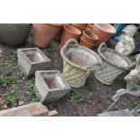 TWO PAIRS OF COMPOSITE GARDEN PLANTERS including a large pair in the form of a tapered basket with