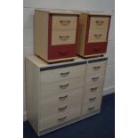 A MODERN BEECH SIDE BY SIDE CHEST OF TEN DRAWERS, width 105cm x depth 40cm x height 96cm, a pair