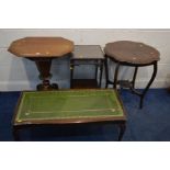 A VICTORIAN WALNUT TRUMPET SEWING TABLE with later added oak hinged top enclosing a distressed