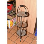A 20TH CENTURY ART NOUVEAU STYLE WROUGHT IRON AND COPPER THREE TIER CAKE STAND