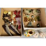 A BOX OF ORIENTAL HARDSTONE CARVINGS, CERAMIC FIGURES, RESIN SNUFF BOTTLES ETC, including two Indian