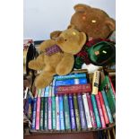 TWO BOXES OF CATHERINE COOKSON NOVELS, SOFT TOYS, DVDS, etc including Cliff Richard LP's, TV soap