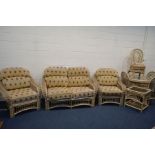 A WICKER CONSERVATORY SUITE, with removable cushions, comprising a two seater settee, pair of