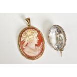 A 9CT GOLD CAMEO PENDANT AND QUARTZ BROOCH, the cameo pendant depicting a lady in profile, with a