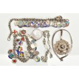 A SELECTION OF JEWELLERY, to include two charm bracelets with enamelled shield charms, one with