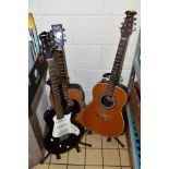 TWO ENCORE ACOUSTIC GUITARS AND AN ARIA ELECTRIC GUITAR, the Aria in poor condition with rusting and